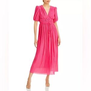 Endless Rose Vibrant Pink Maxi Pleated Dress Puff Sleeve Size Small
